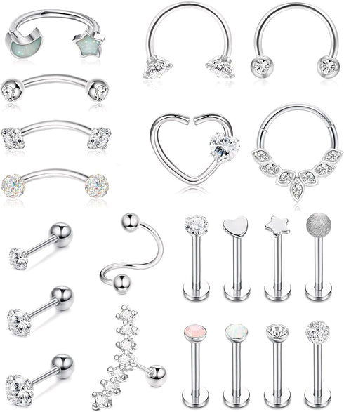 Subiceto 21 Pcs 16G Cartilage Earrings Hoop Studs for Women Men Stainless Steel Forward Labret Helix Piercing Jewelry Lip Ring Rook Daith Conch Tr...