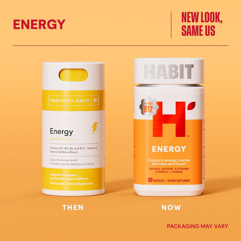 HABIT Energy Supplement (60 Capsules) - New Look, Supports Energy, Alertness and Focus, Natural Caffeine, Vitamins B & C, Green Tea extract, Vegan...