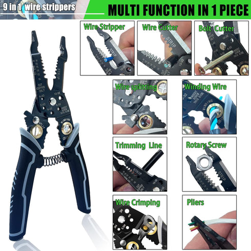 9 in 1 Wire Stripper Tool, Wire Strippers electrical, 8" Cable Cutting Tool for Wire Stripping Cutting and Crimping (10-20 AWG Solid and Stranded ...