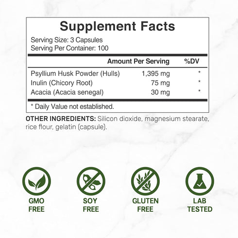 Psyllium Husk 1500mg Per Serving, 300 Capsules – 3 in 1 Fiber with Inulin & Acacia Complex – Natural Soluble Fiber Supplement, Supports Digestive ...
