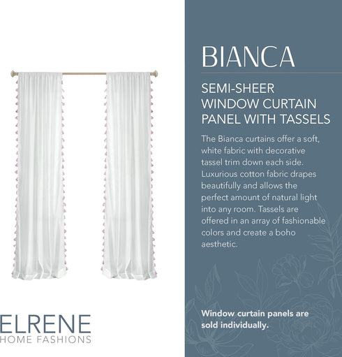 Elrene Home Fashions Bianca Boho Semi-Sheer White Cotton Rod-Pocket Window Curtain Panel with Colorful Side Tassels, 52 inches by 84 inches, Blush...