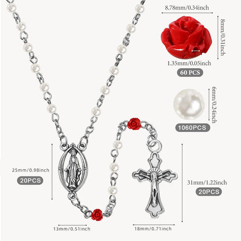 1220 Pcs Rosary Making Supplies Include 1060 Pcs Rosary Pearl Beads 120 Pcs Carved Rose Beads 20 Pcs Rosary Cross Centerpiece 20 Pcs Crucifix Meda...