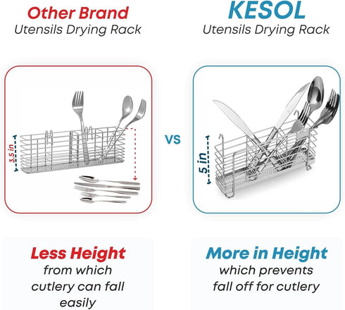 KESOL Sturdy 304 Stainless Steel Utensil Drying Rack Basket Holder with Hooks 3 Divided Compartments, Rust Proof, No Drilling...