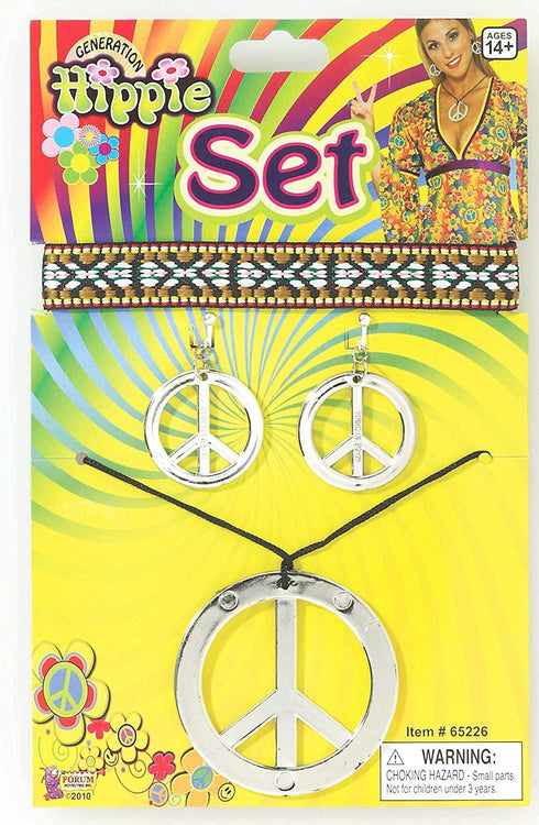 Forum Novelties 65226 Hippie Peace Necklace & Earrings, Silver, One Size Fits Most, As Shown, 9.4 x 6.4 x 0.6"...