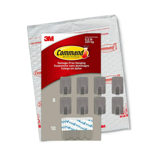 Command Small Stainless Steel Metal Hooks 8 Hooks, 10 Command Strips, Holds up to 0.5 lb, Removable Self Adhesive Hooks, Great for Wall Décor...