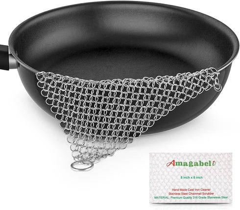 AMAGABELI GARDEN & HOME 8” x 8” 316 Stainless Steel Cast Iron Cleaner Chainmail Scrubber for Cast Iron Pan Skillet Cleaner for Dishes Glass Pre-Se...