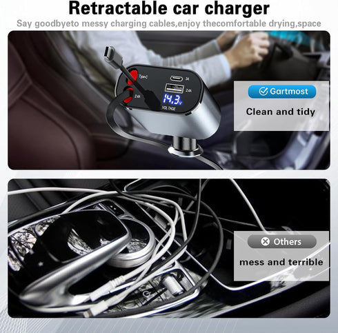Retractable 3 in 1 Car Charger, Three in one Fast Car Phone Charger, Compatible USB C(Type-C)/Micro USB/Phone, Compatible with IP/Android/Tablets...