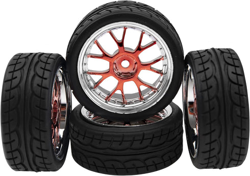4Pack HIRCQOO 12mm Hex Plastic Wheel Rims & 2.59" Rubber Tires Set w/Foam Compatible with Traxxas Kyosho HPI Tamiya TT-01 TT-02 Sakura HSP 1/10 RC...