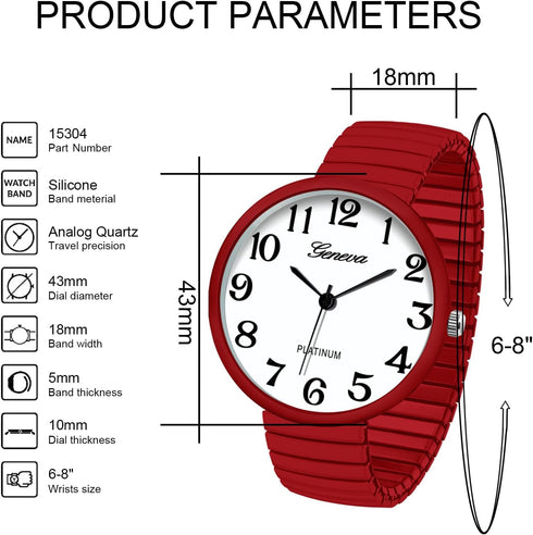 Blekon Collections New Super Large Face Stretch Band Japanese Movement PC21J Fashion Watch (Red)...