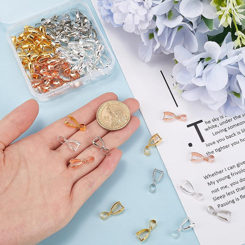 1 Box 100Pcs 4 Colors 14mm Pinch Clip Bail Clasp Snap on Bails Gold Silver Pendant Pinch Clip Clasps Brass Connector Clips for Jewelry Making Clas...