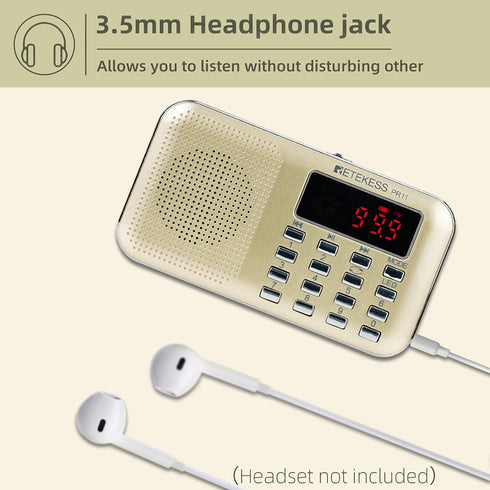 Retekess PR11 AM FM Radio Portable, Rechargeable Transistor Radios Small, with Headphone Jack MP3 Music Player Speaker Support Micro SD Card for O...