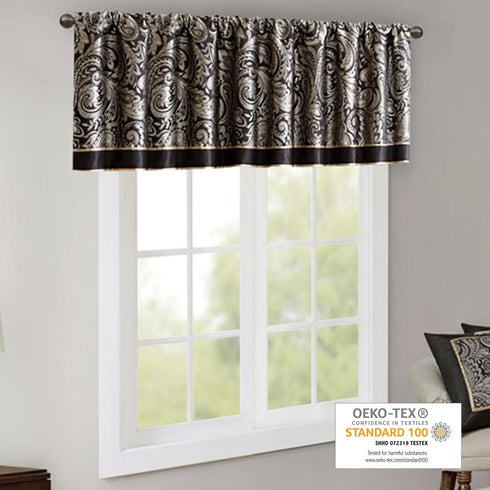 Madison Park Aubrey Jacquard Rod Pocket Valance , Classic Elegant Silk Paisley Valances for Windows , 50X18" , Black...