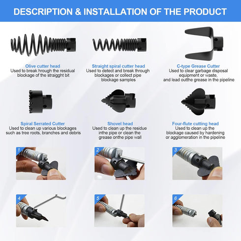7PCS Drain Cleaner Combination Cutter Head Set,16mm Manganese Steel Spring Automatic Locking Drain Dredging Cutter Head Accessories for Drain Clea...