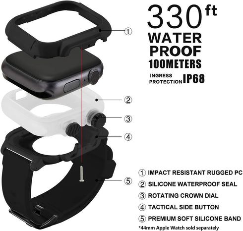 Compatible with for Apple Watch Band Case 42mm 44mm Series 5/4/3, IP68 Waterproof Case with Soft Silicone Band and Anti-Scratch Protector,Compatib...