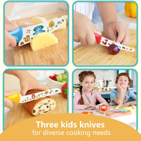 Kids Knife Set for Real Cooking, 4pcs Kids Safe Kitchen Cutting Knives, Stainless Steel Blades, Children First Starter knife, BPA-free (Multicolor...