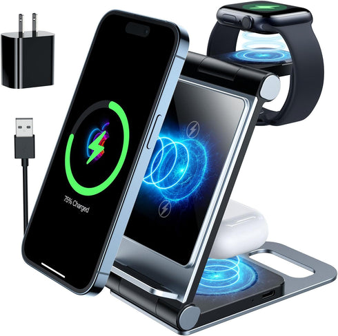 Wireless Charging Station 3 in 1 Foldable Wireless Charger Stand, Travel Charger for iPhone 15 14 13 12 11 Pro Max XR XS 8 Plus, for Apple Watch 9...
