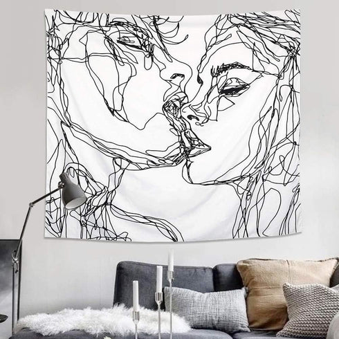Ruibo Abstract Sketch Art Wall Hanging - Kissing Couple Tapestry, Beach Throw (W:59" H:51")...