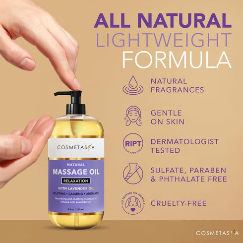 Lavender Relaxation Massage Oil - No Stain 100% Natural Blend of Spa Quality Oils for Soothing, Calming, Aromatic Massage Therapy 8.8 oz by Cosmet...