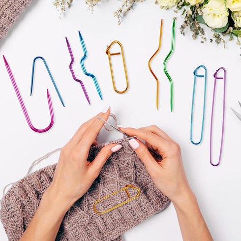 9 Pcs Aluminum Stitch Holders for Knitting Cable Needles with Stitch Markers, Safety Pin Brooch Weaving Sweater Knitting Stitch Holder Tool Bent T...