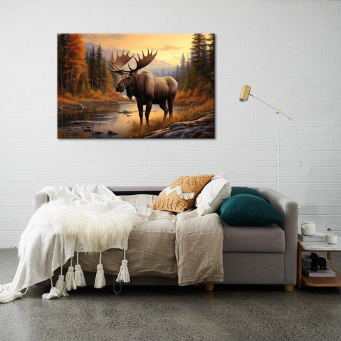 GLOKAKA Nature Moose Wall Art Landscape Moose in the River Wall Decor Print Painting Wilderness Animal Retro Poster for Office Home Bedroom Kitche...