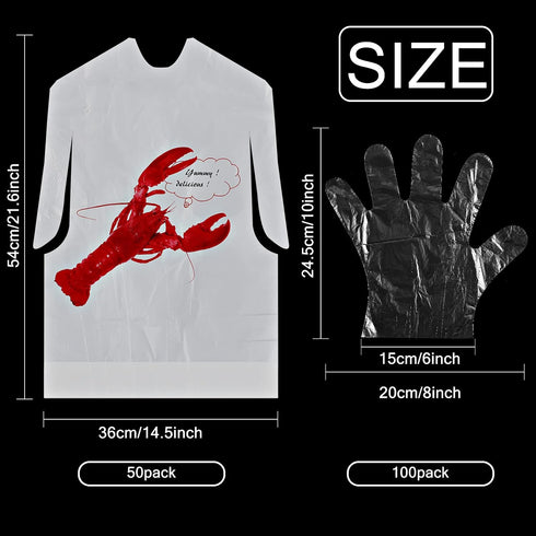 50pcs Crab Lobster Bibs and 50 Pairs of Plastic Disposable Gloves Disposable Adult Crab Feast Bibs for Seafood(Lobster Style)...