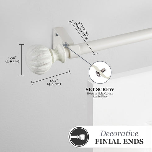 Kenney Rachel Fluted Ball Window Curtain Rod, Adjustable 28-48 Inch, Antique White...