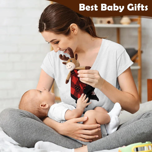 Moose Baby Lovey Security Blanket Unisex Baby Snuggly Buffalo Plaid Animal Face Soft Bedding Sleeping Plush Kids Newborn Nursery Baby Shower Blank...