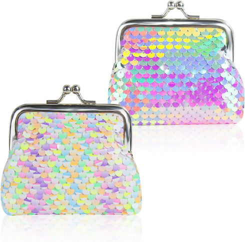 FuninCrea Coin Purse 2 Pieces, Nylon Coin Purses for Women and Girls, Colorful and Double Sided Sequin Coin Wallet, Mini Purse with Kiss Lock for ...