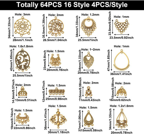 64Pcs Tibetan Antique Gold Chandelier Charms 16 Styles Vintage Filigree Hollow Links Charms with Loops Findings for Dangle Earrings Connector Comp...