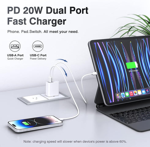 USB C Wall Charger Block 20W, 3-Pack Dual Port PD Power Delivery Fast Type C Charging Block Plug Adapter for iPhone 13/12/11 /Pro Max, XS/XR/X, iP...