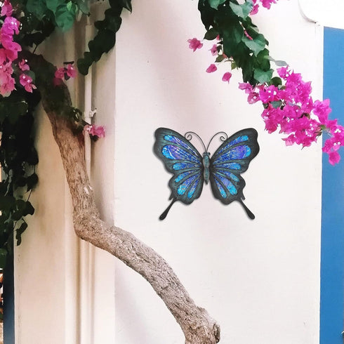HONGLAND Metal Butterfly Wall Decor Outdoor Indoor Art Sculpture Hanging Glass Decorations Blue for Home Garden Bedroom...