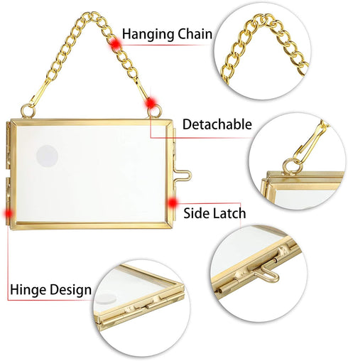 JUXYES Set of 4 Mini Brass Wall Hanging Photo Frame, Glass Hanging Picture Artwork Display Frame, Double Glass Floating Frame Style Gallery Wall F...