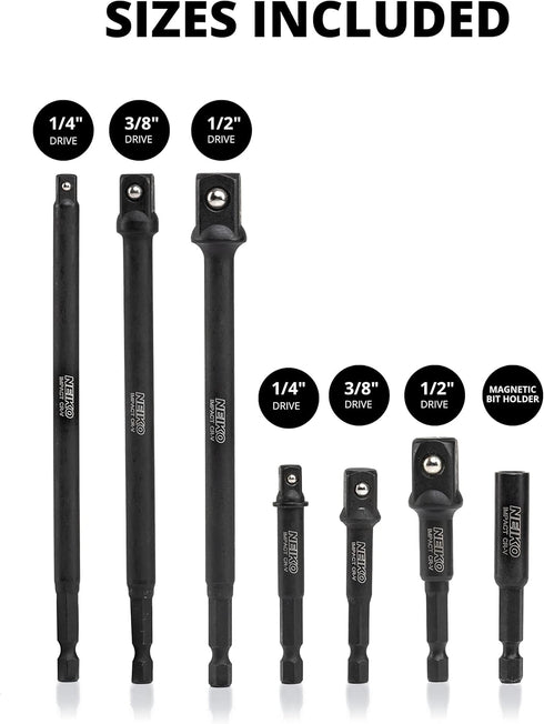 NEIKO 00254A Impact Socket Adapter and Magnetic Bit Holder, 7-Piece Set, 1/4" Hex Shank with 1/4, 3/8, 1/2-Inch Drive, Socket Adapter Extension Se...