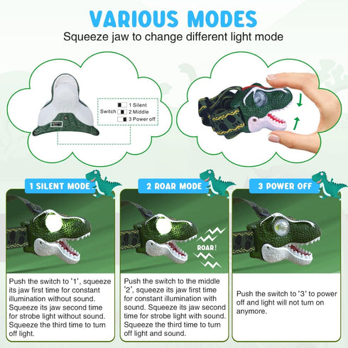 COSOOS LED Headlamp for Kids Flashlight Camping Gear, Roar & Silent Mode, Outdoor Toy Head Lamp for Boy Girl Toddler, 3.4oz Lightweight Headlight,...