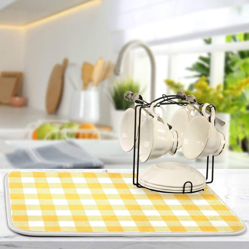 Qilmy Yellow Checked Dish Drying Mat for Kitchen Countertop, Absorbent Dry Mats for Dishes Draining Pad-18" x 24"...