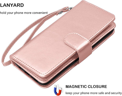 Njjex iPhone 12 Mini Wallet Case (2020) - 9 Card Slots, PU Leather, Detachable Kickstand, Magnetic Cover & Lanyard, Rose Gold...
