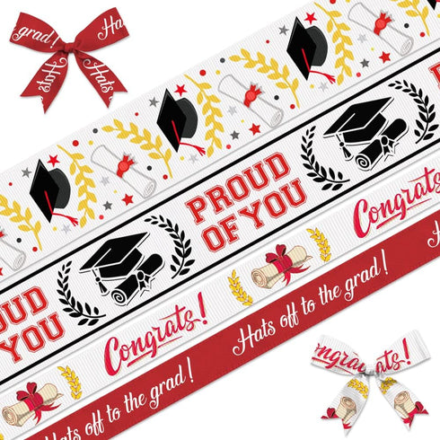 4 Pieces Graduation Ribbons, White Red Caps Diploma Congrats Words Grosgrain Decor Ribbons 5 Yards, Graduation Party Ribbon for Graduation Ceremon...