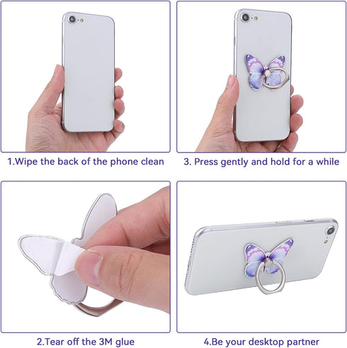 3PCS Phone Ring Holder, Butterfly Painted Pattern Metal Stand 360° Rotation Phone Finger Ring Stand, Cell Phone Finger Kickstand Grip Compatible w...