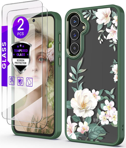 for Samsung Galaxy A35 5G Case+Tempered Glass Screen Protector,Military Grade Protective Slim Soft TPU & Hard PC,Girls Women Crystal Clear Flower ...