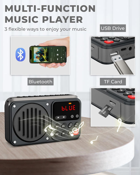 PRUNUS 405 Rechargeable FM Radio • Bluetooth Speaker • TF Card and USB • 1500mah battery • Earphone Jack • Auto power on/off • Clock• Recording(No...