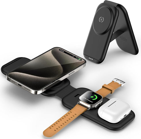 3 in 1 Magnetic Wireless Charging Station for Apple Device, Fast Mag-Safe Charger Stand, Travel Charging Pad for iPhone 15/14/13/12, iWatch Series...