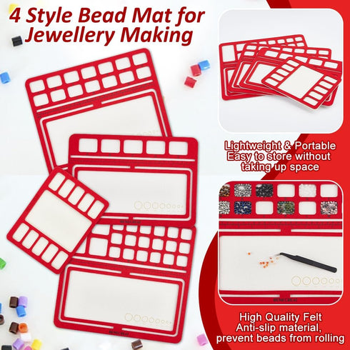 BENECREAT 4 Styles Red Felt Beading Mat, Hard Back Bead Tray with Grids DIY Beading Bead Pads, Bead Design Boards for Art Crafts Jewelry Making Be...