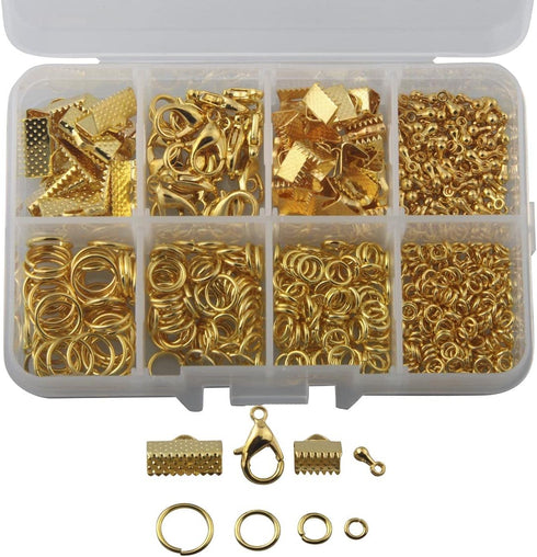 1 Box 8 Styles Jewelry Making Kit Open Jump Rings, Lobster Claw Clasps, Ribbon Clamp End, Drop Ends Pieces for Jewelry Making Bracelet Necklace Ar...