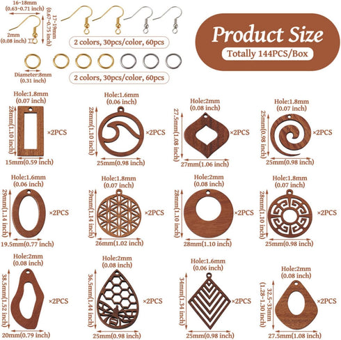 FASHEWELRY 24Pcs Natural Filigree Wood Earring Charms Blank Flat Round Teardrop Oval Walnut Wooden Pendants with 120pcs Earring Hooks Jump Rings f...