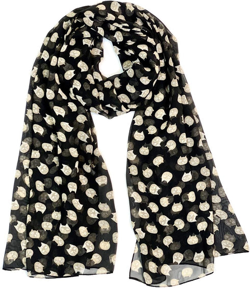 Women's Cute Meow Cat Print Scarf, Black, Silky Soft, Sheer, Pretty, Cat Gift...