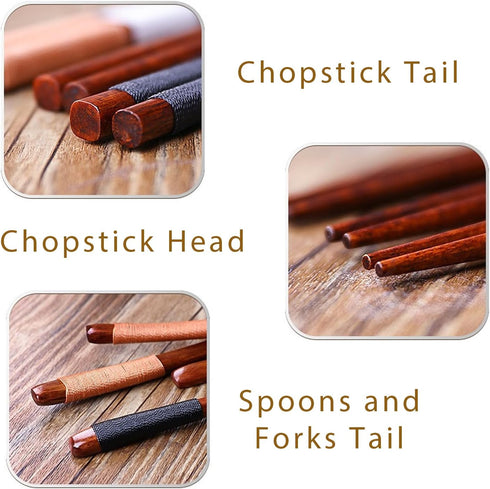 Wooden Flatware Set, 8.8"Chopsticks Spoon Fork Flatware Tableware Cutlery Set Travel Utensils Tied Line Reusable Flatware for Camping,Picnic,Offic...