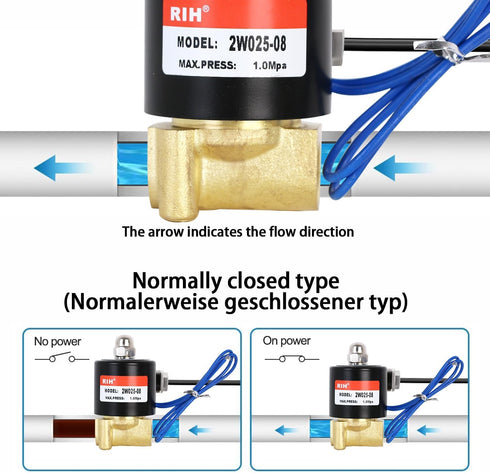 PNEUMATIC 1/4 Inch Electric Solenoid Valve Brass 12V/24V/110V 2 Way High Turn Coil Normally Closed Water 2W025-08 Liquid Air control DC12V...