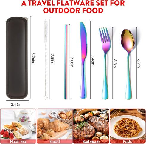 Rainbow Travel Utensil Set, Stainless Steel Camping Cutlery, Portable Utensils Set with Case, Set of 6 Reusable Silverware Set, Lunch Utensils Set...