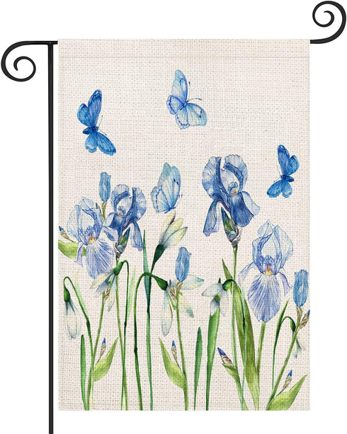 Blue Floral Garden Flag 12.5x18 Inch Vertical Double Sided Rustic Farmhouse Decor Iris Flowers with Butterfly Spring Seasonal Holiday Small Yard F...