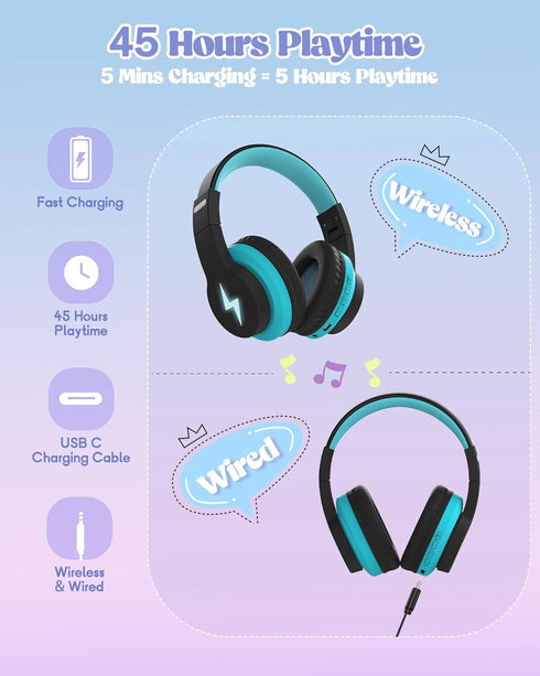 Kids Bluetooth Headphones, Colorful Wireless Over Ear Headset with LED Lights, Built-in Mic, 45H Playtime, 85dB/94dB Volume Limited Headphones for...